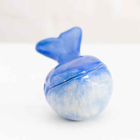 Small Ceramic Whale Sculpture, blue and white, with a tail fin