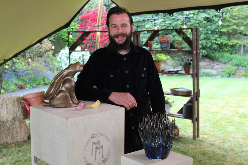 Dom Chinea the presenter of Make it at Market stood next to one of my hare sculptures and two ceramic birds