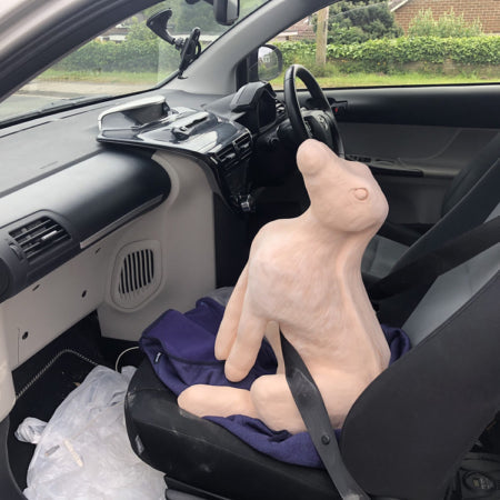 Large ceramic hare sculpture in my front car seat with safety belt on