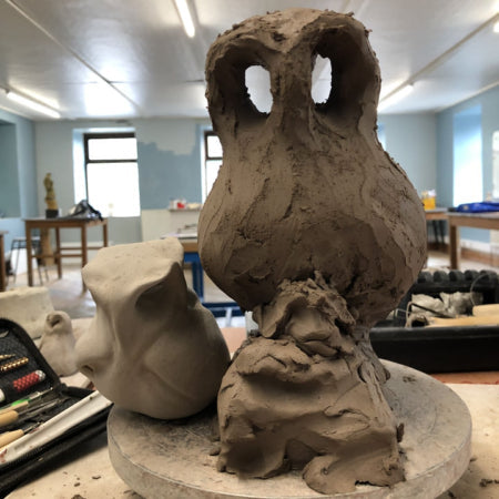 two clay owl concepts in a training room