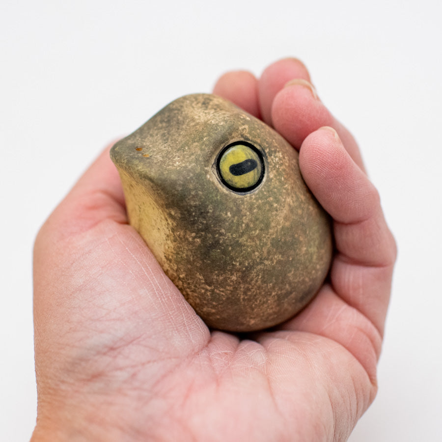 Ceramic toad sculpture in a hand against a plain white background