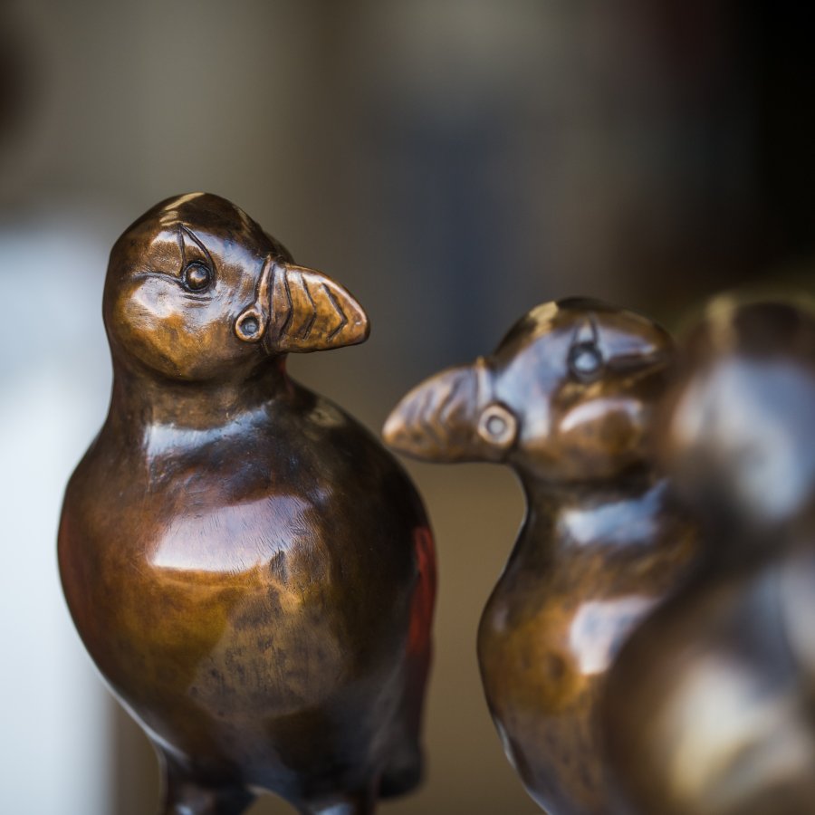 A close up of bronze Puffin sculpture Billy
