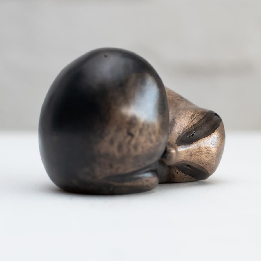 Small bronze sculpture of a badger curled up asleep against a white background