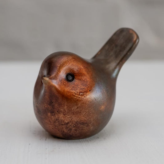 Small Foundry Cast Bronze Robin Sculpture on a white background
