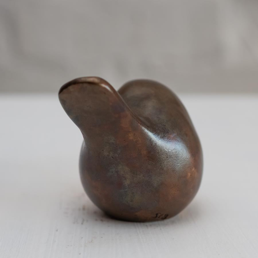 bronze Robin on a white background - the tail view