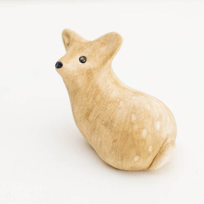 Ceramic Deer Sculpture, light brown with white spots, black eyes and nose, facing left