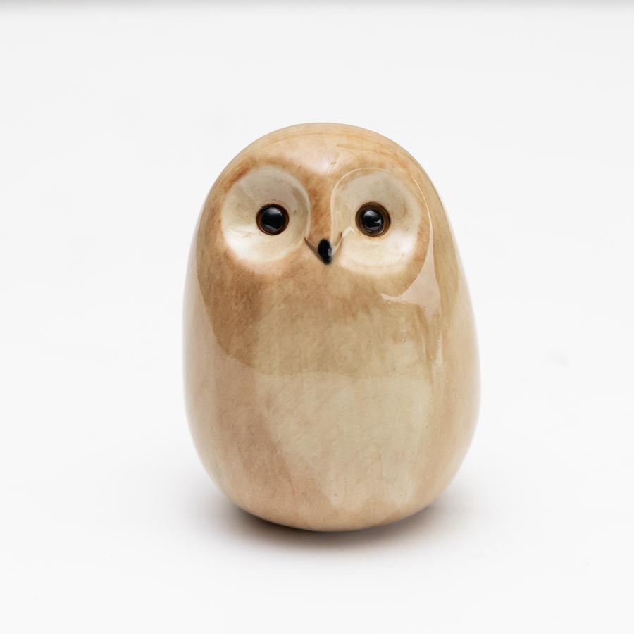Ceramic Tawny Owl Sculpture, light brown with dark eyes and beak