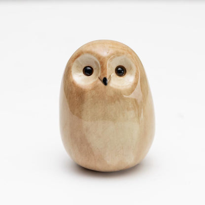 Ceramic Tawny Owl Sculpture, light brown with dark eyes and beak