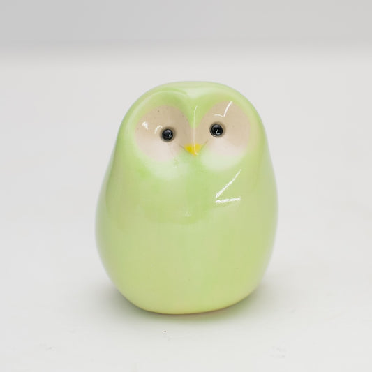 minty green, glossy, small ceramic owl looking at us with a plain background