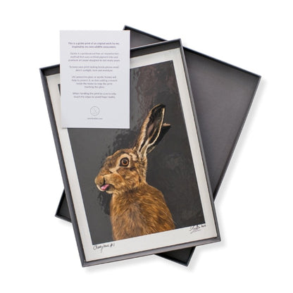 An A4 signed and numbered print of a hare in a luxury grey box with a care card