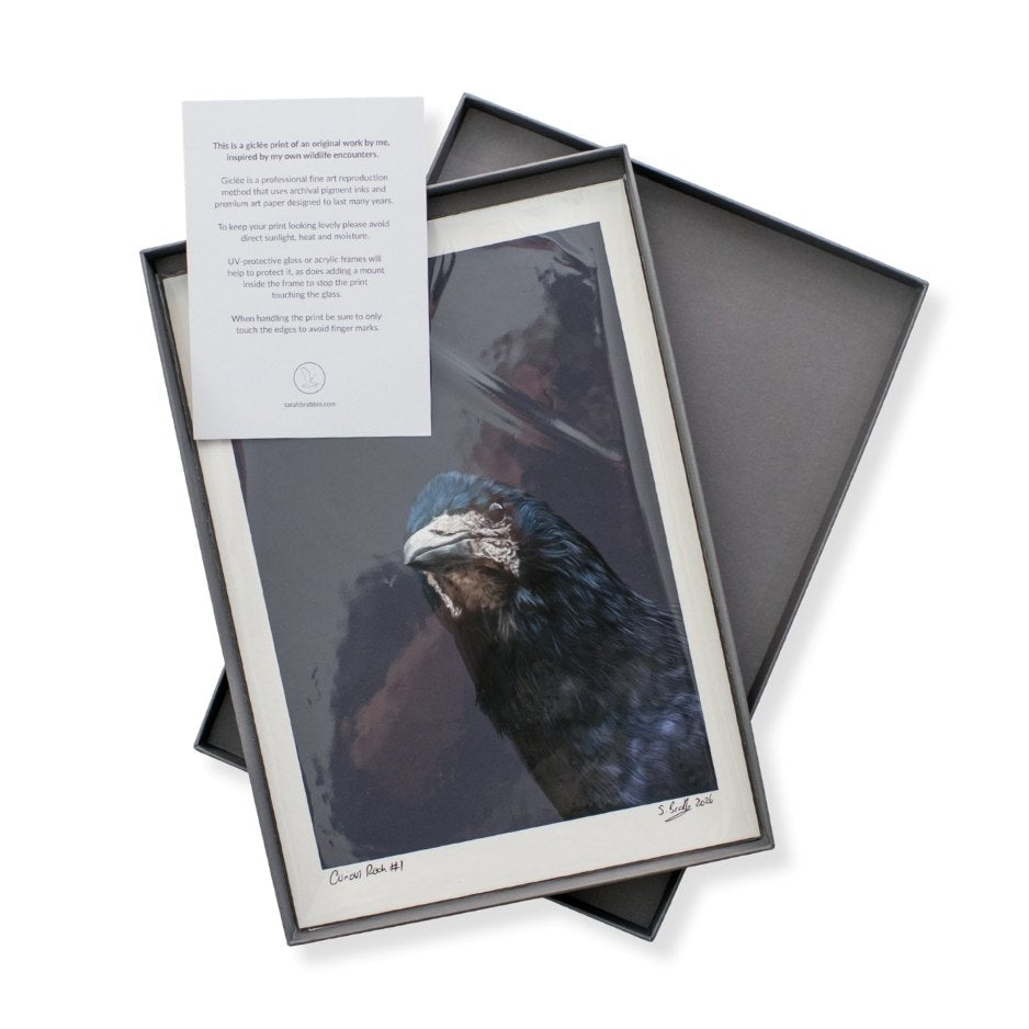 An A4 signed and numbered print of a Rook in a luxury grey box with a care card