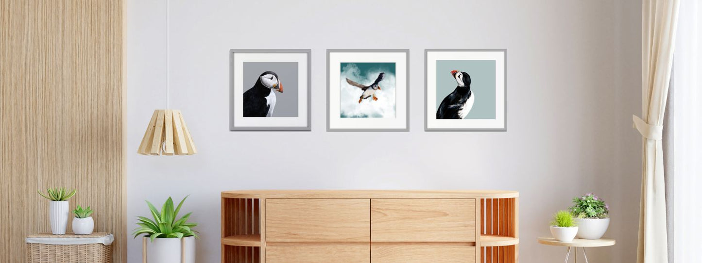 Three framed puffin prints above a wooden cabinet with plants and a lamp