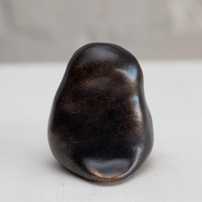 Small smooth bronze owl sculpture on a plain background - rear view