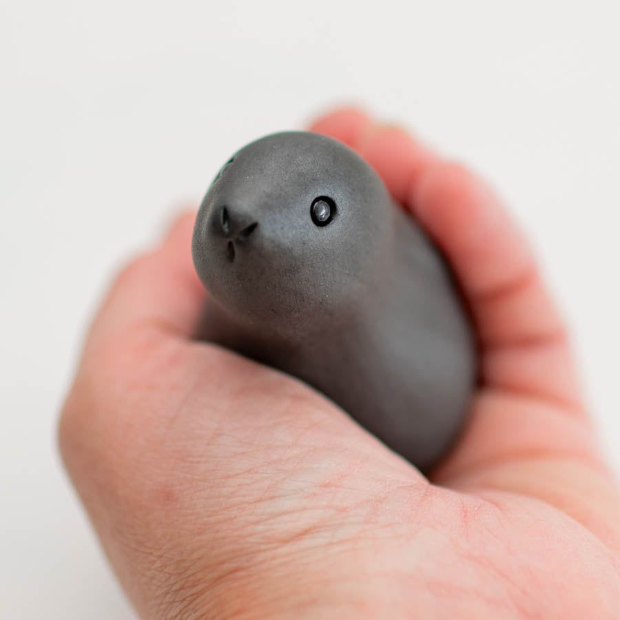 Black Moongazing Hare held in a person's palm