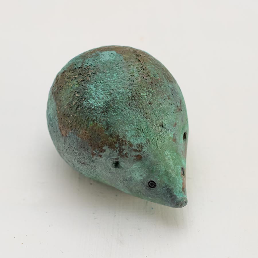 Small Foundry Cast Bronze Hedgehog Sculpture - Ancient Green