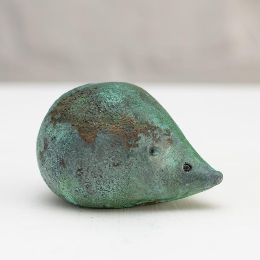 Small Foundry Cast Bronze Hedgehog Sculpture in ancient green finish