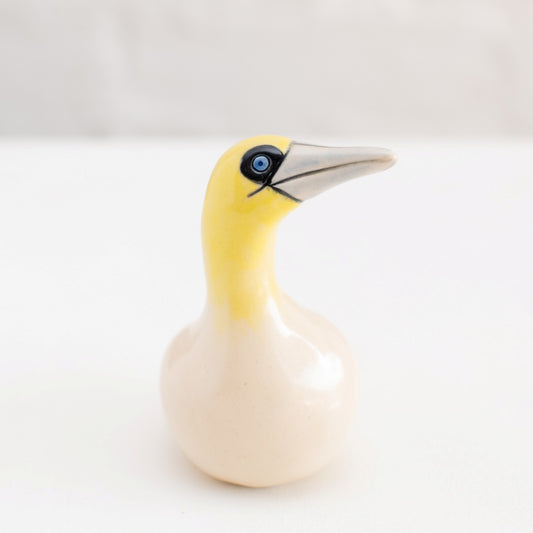 Small Ceramic Gannet Sculpture with a yellow head and a light-colored body