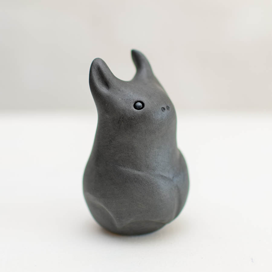 Small Ceramic Bat Sculpture, dark gray, with pointed ears and small black eyes
