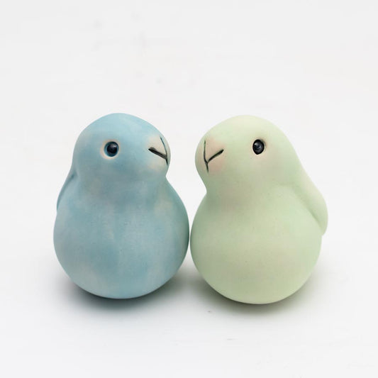 Ceramic Bobbly Bunny Gift Set, two ceramic bunnies, one blue and one green, facing each other