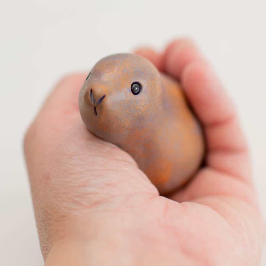 Multi coloured moongazing Hare held in a person's palm