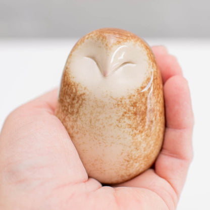 A happy little Barn Owl sculpture against a light background sat in a hand