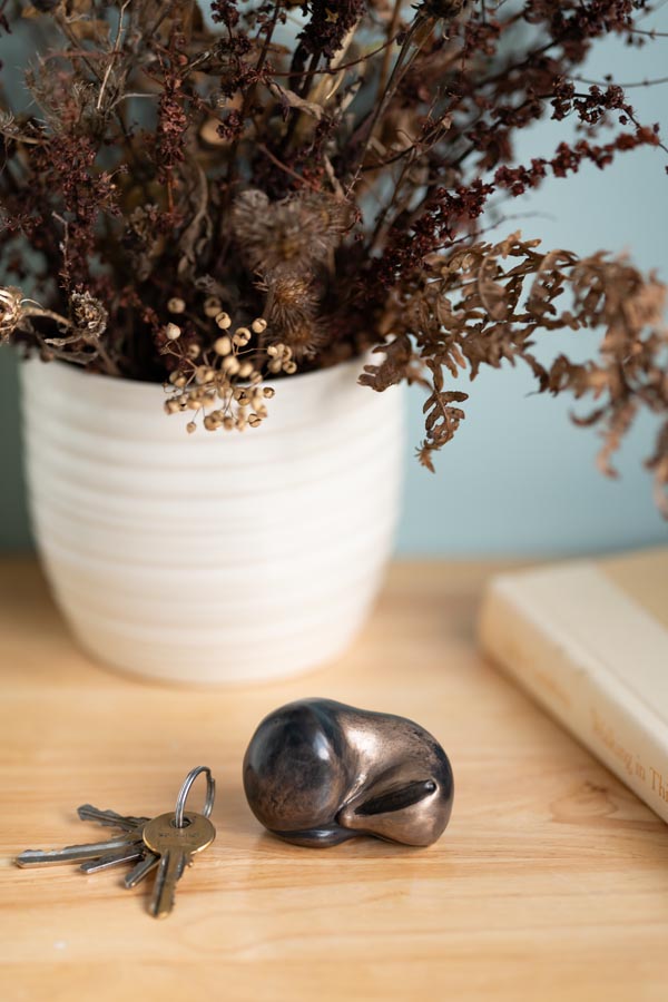 Small bronze sculpture of a badger curled up asleep against on a wooden surface next to keys, a book and with a white vase full of dried flowers in the background