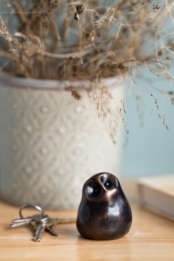 Small smooth bronze owl sculpture on a wooden surface next to keys with a vase of dried flowers in the background