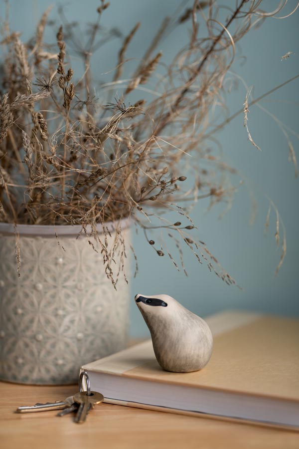 Small ceramic badger sculpture on a book next to a set of keys with a vase of dried flowers in the background against a blue wall