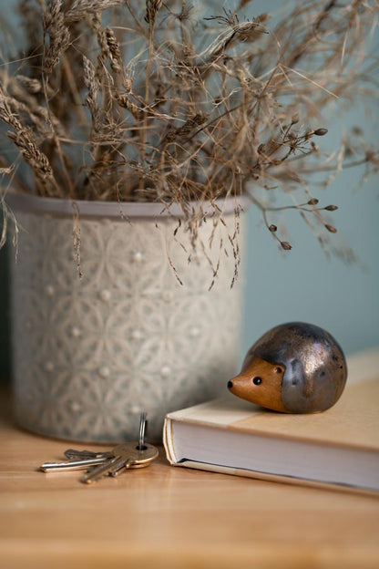 Decorative hedgehog figurine on a book with keys, a plant, and a blue wall in the background.
