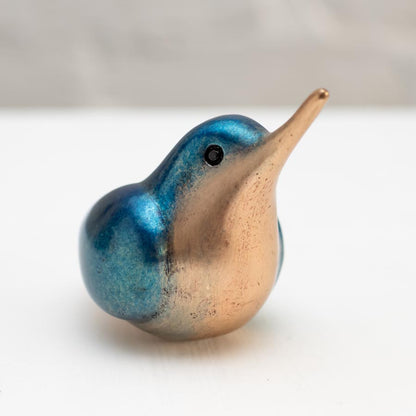 Small Bronze Kingfisher Sculpture, blue and bronze, with a long beak and black eye