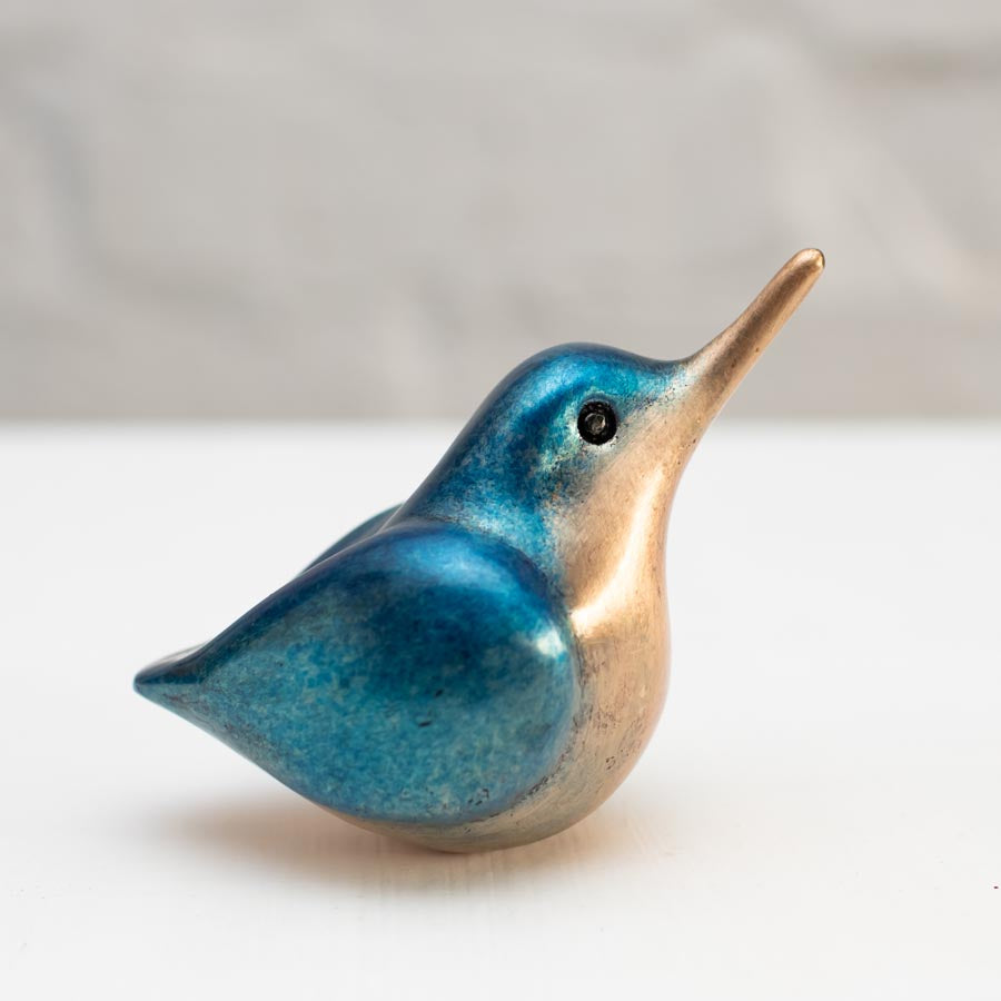 Small Bronze Kingfisher Sculpture, blue and bronze, looking up