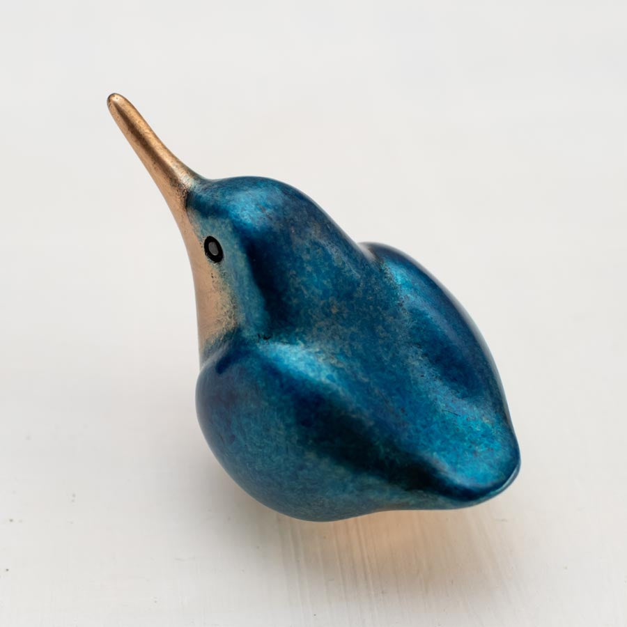 Small Bronze Kingfisher Sculpture, blue body, bronze beak, black eye, facing left