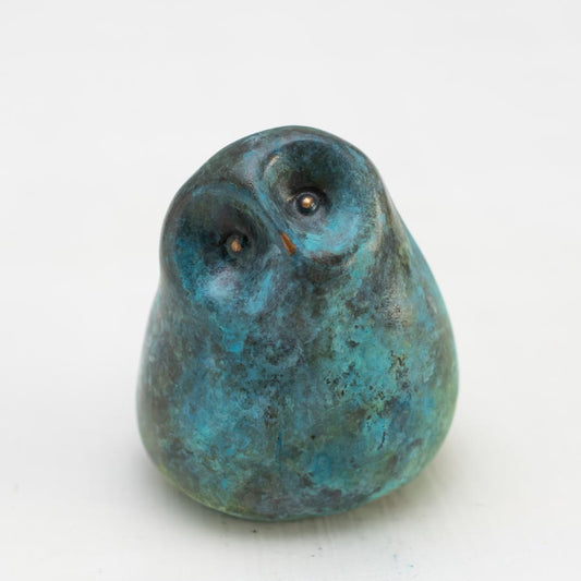 Small Foundry Cast Bronze Owl Sculpture - Minty Green