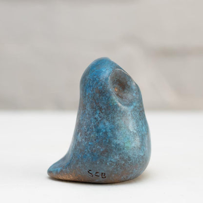 Small Foundry Cast Bronze Owl Sculpture in light blue with an abstract design