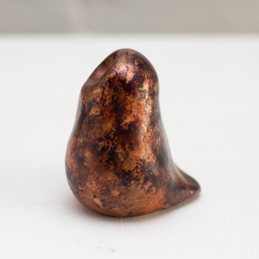Small Foundry Cast Bronze Owl Sculpture in copper and purple, viewed from the side
