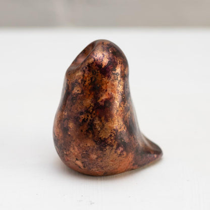 Small Foundry Cast Bronze Owl Sculpture in copper and purple, viewed from the side