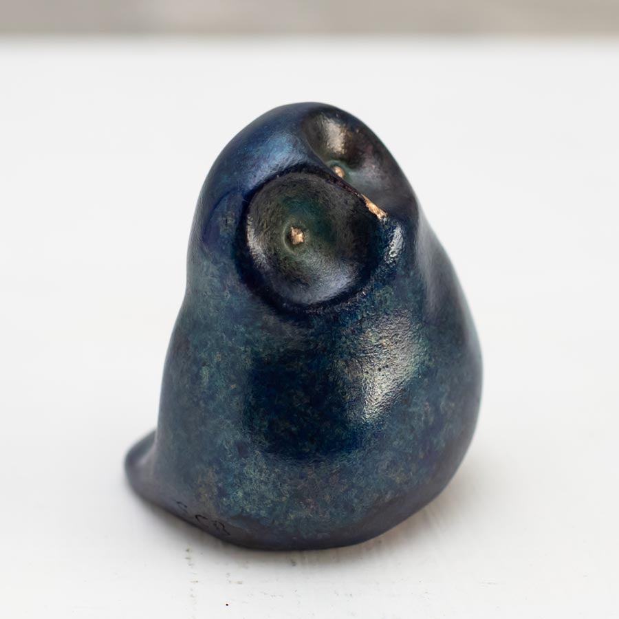 Small Foundry Cast Bronze Owl Sculpture in Midnight Blue, front view