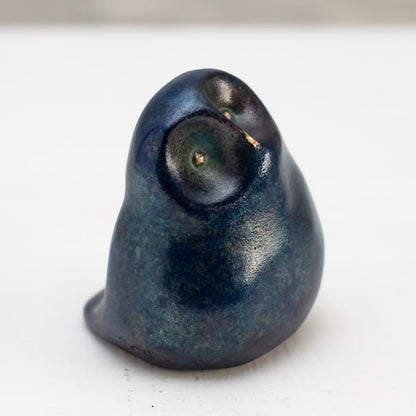 Small Foundry Cast Bronze Owl Sculpture in Midnight Blue, front view