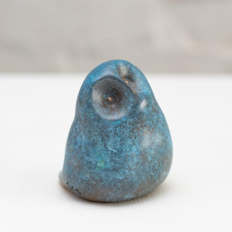 Small Foundry Cast Bronze Owl Sculpture in light blue