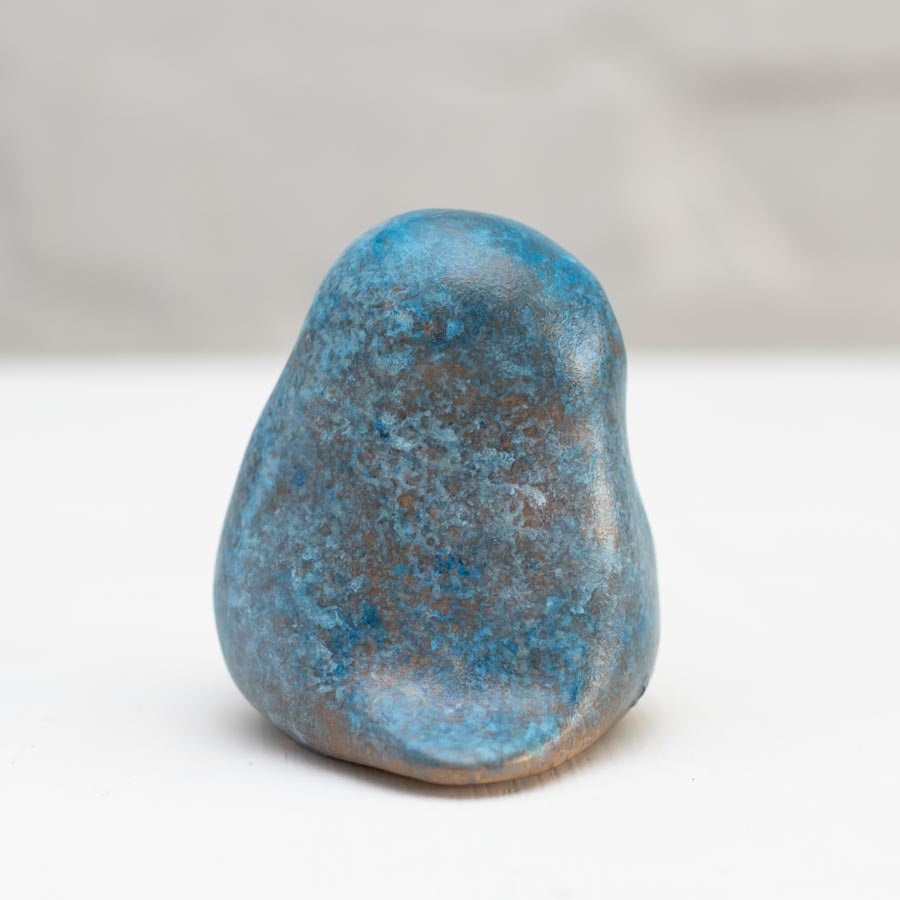 Small Foundry Cast Bronze Owl Sculpture in light blue, front view