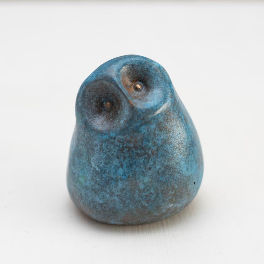 Small Foundry Cast Bronze Owl Sculpture in light blue