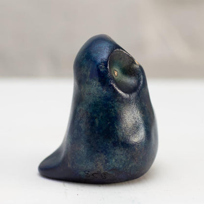 Small Foundry Cast Bronze Owl Sculpture in Midnight Blue, with a textured finish and a single eye