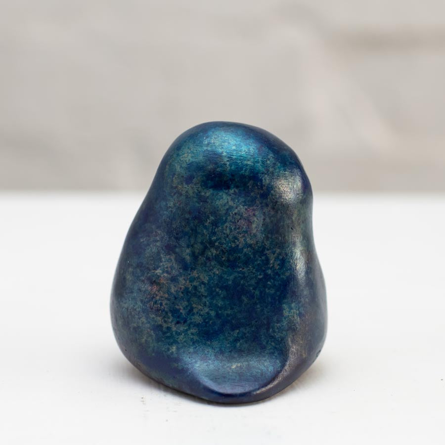 Small Foundry Cast Bronze Owl Sculpture in Midnight Blue, a smooth, dark blue, abstract owl shape
