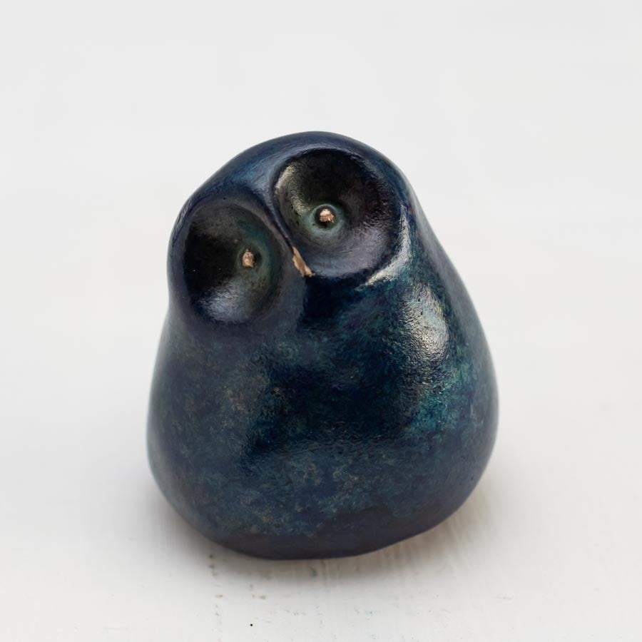 Small Foundry Cast Bronze Owl Sculpture in midnight blue