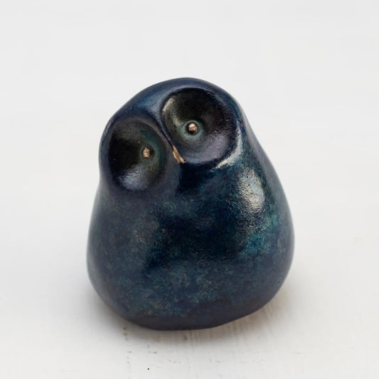 Small Foundry Cast Bronze Owl Sculpture - Midnight Blue