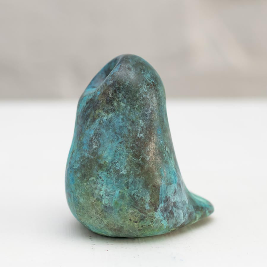 Small Foundry Cast Bronze Owl Sculpture in minty green, side view