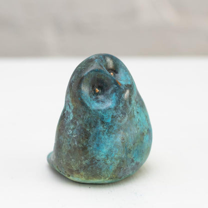 Small Foundry Cast Bronze Owl Sculpture - Minty Green