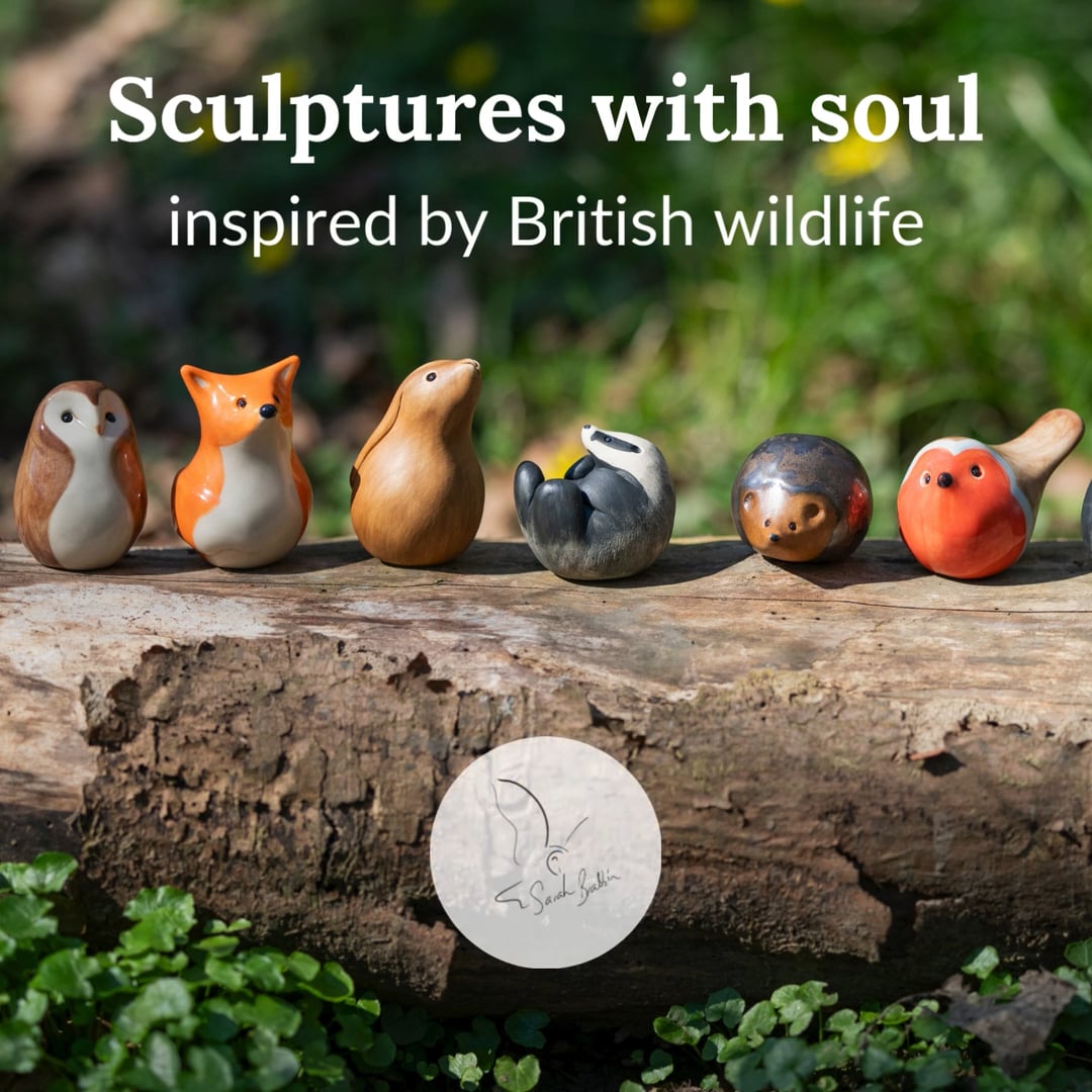 A photo of 6 ceramic critters on a log against a grassy backdrop with the text "sculptures with soul inspired by British Wildlife" 